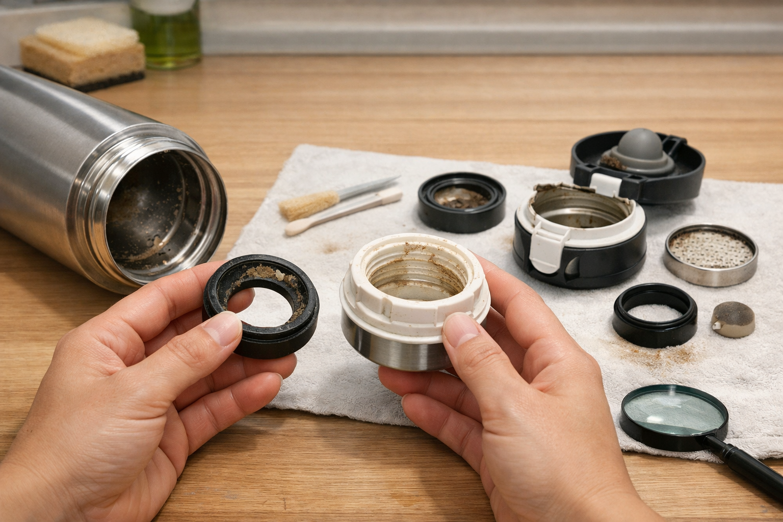 水筒を分解して各パーツの汚れを確認する様子