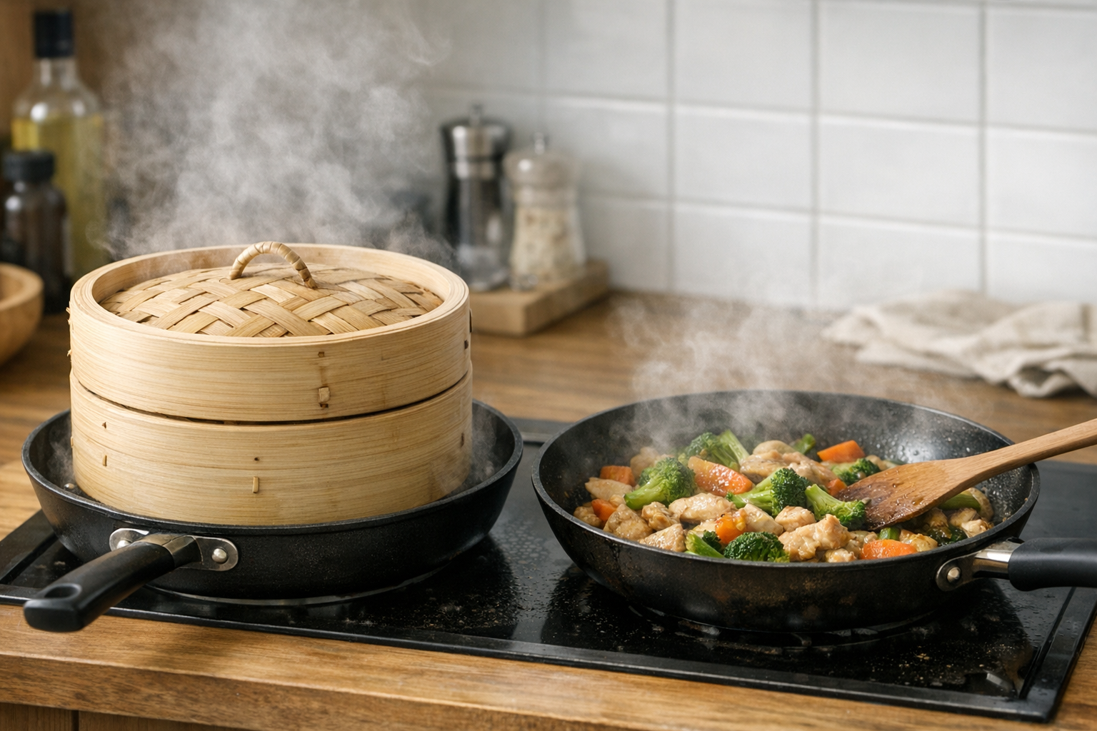 湯気が立ち上るせいろとフライパンを組み合わせたキッチン風景