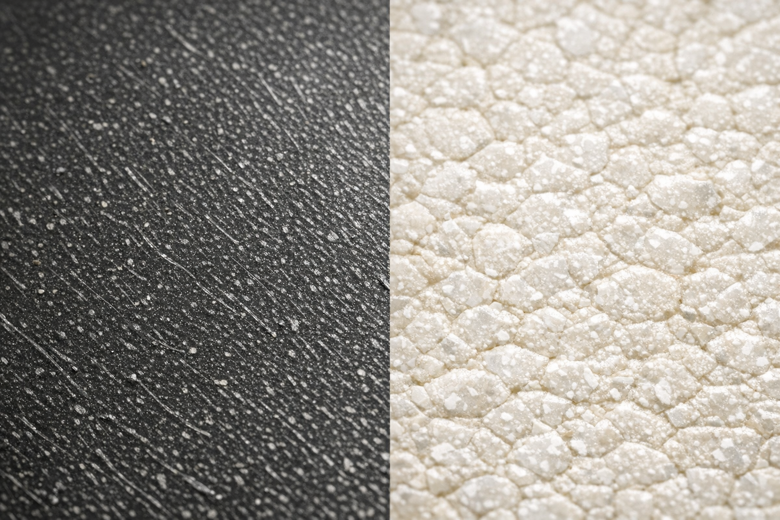 フッ素樹脂加工とセラミック加工のフライパンの表面を拡大して比較したイラストまたは写真