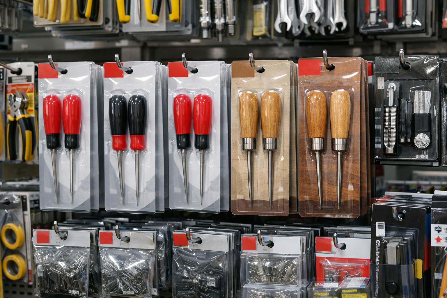 ダイソー店内のDIY・工具コーナーに陳列されている千枚通しのパッケージ