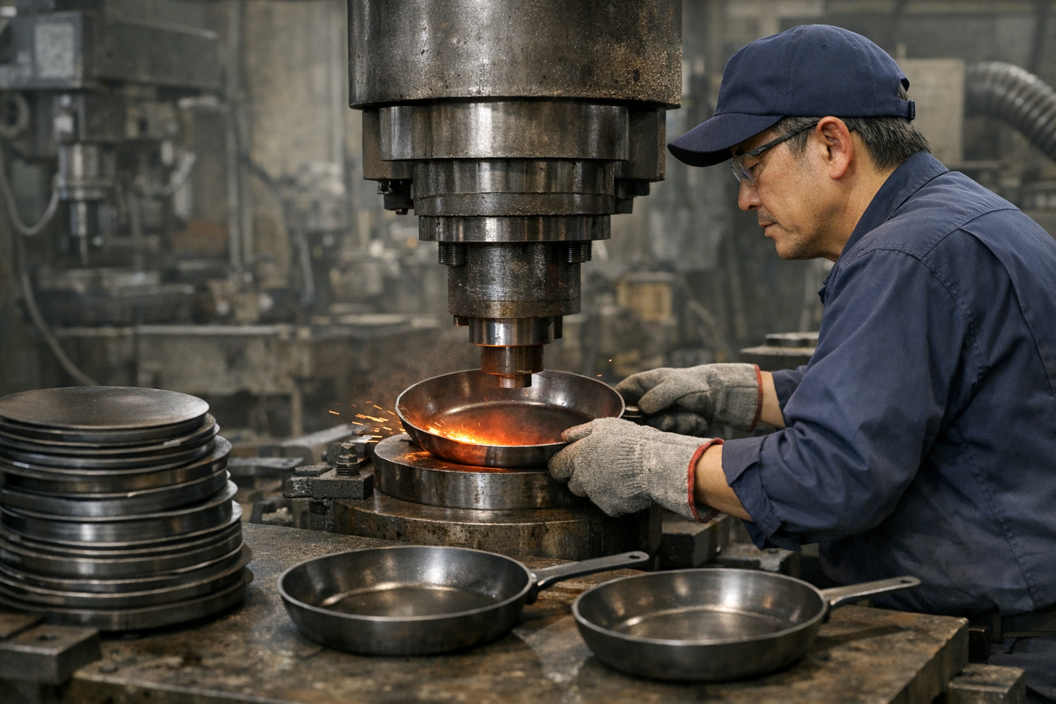 藤田金属の工場で職人がフライパンを成形する様子