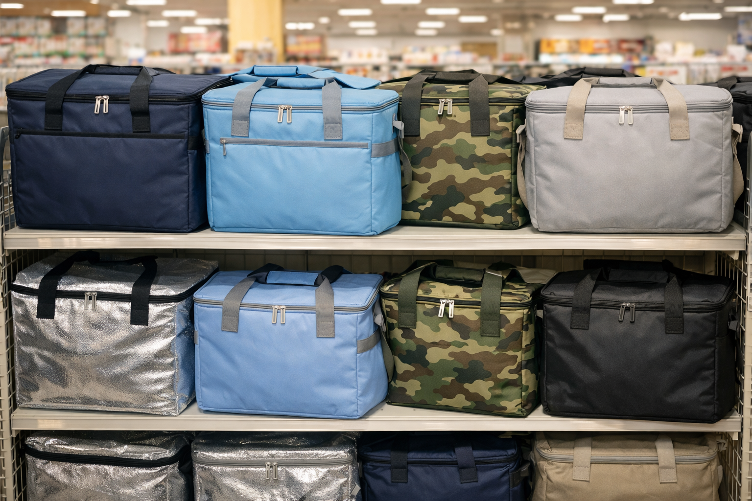 100均各社の保冷バッグが棚に並んでいる比較イメージ