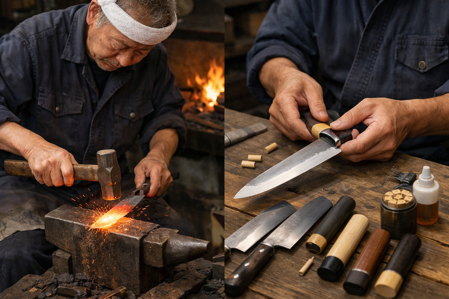 伝統的な鍛冶職人が工房で和包丁の刃を打ち、柄をすげ替えている様子