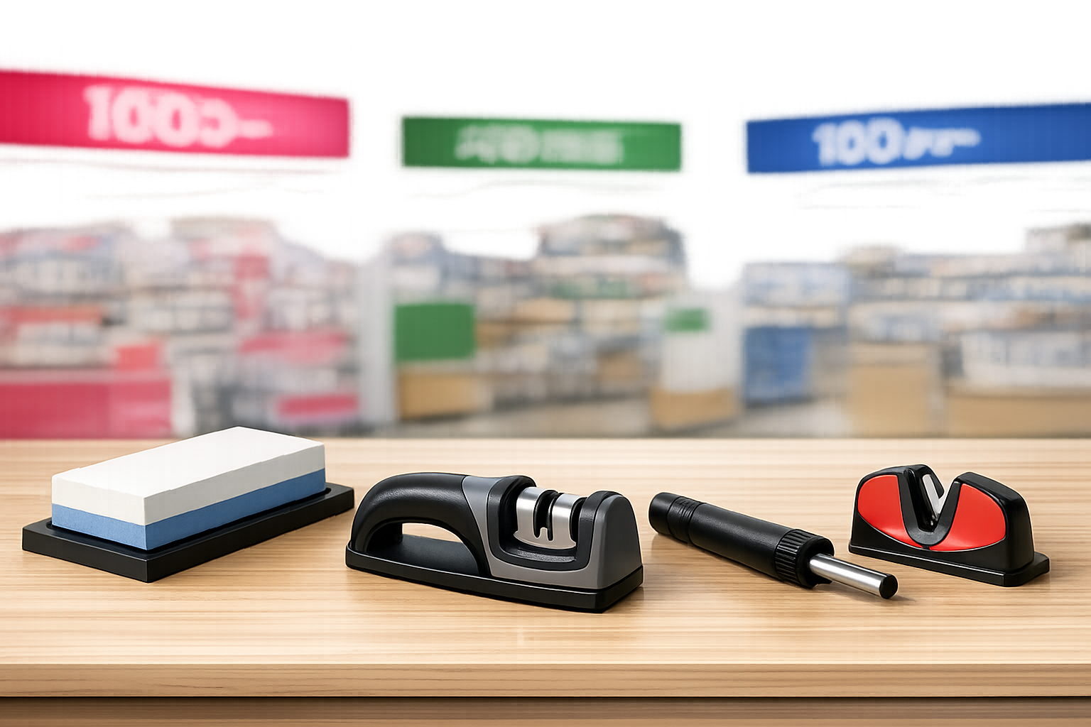 ダイソー・セリア・キャンドゥの店舗ロゴを背景に各種包丁研ぎグッズが並ぶイメージ