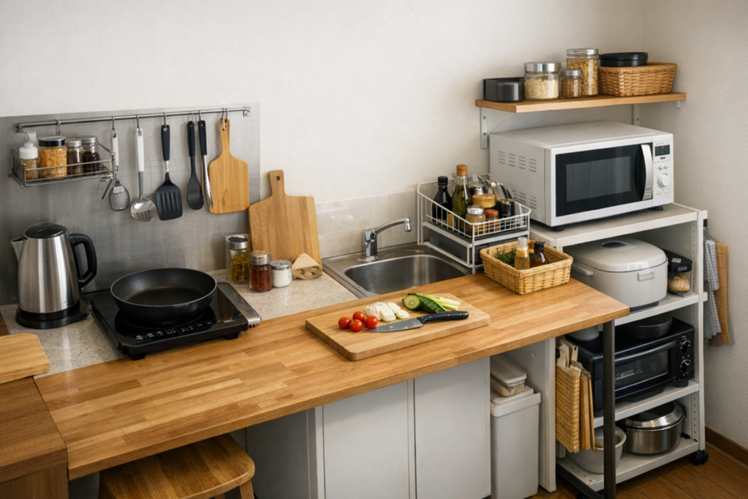 限られたキッチンスペースに配置された機能的な調理器具と作業台の様子