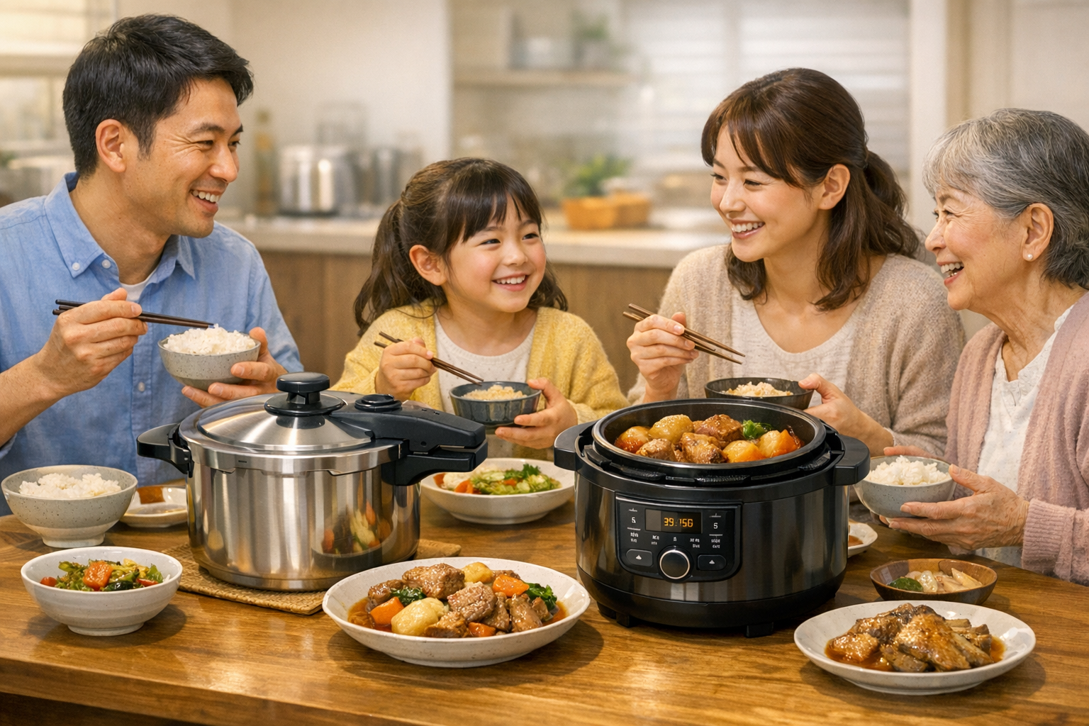 圧力鍋で調理した料理を家族で囲む食卓のイメージ
