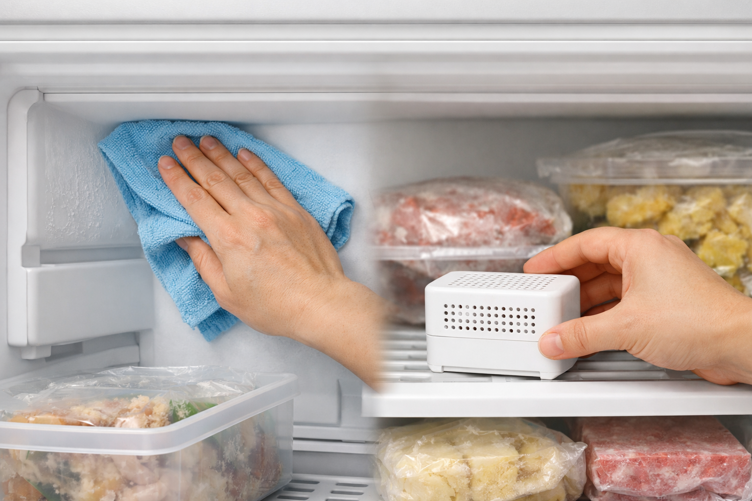 冷凍庫の掃除と消臭剤の設置イメージ