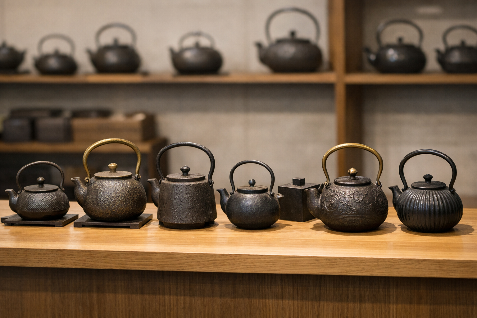 様々な形の鉄瓶が並んでいる展示風景