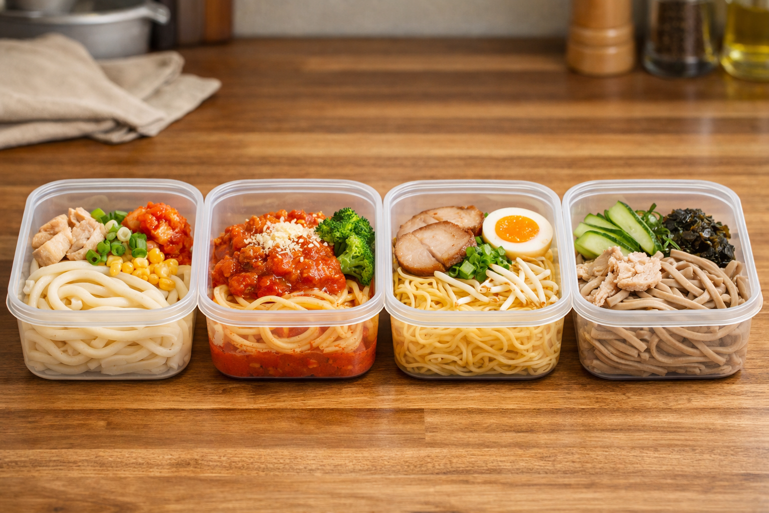 タッパーに1食分ずつ保存された麺類と具材の様子