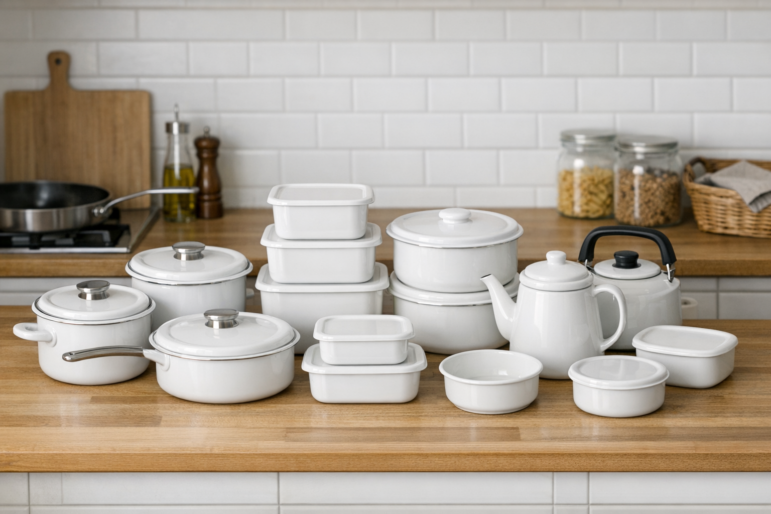 キッチンに整然と並ぶ野田琺瑯のコレクション