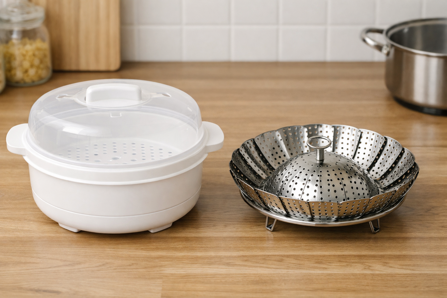 プラスチック製のレンジ蒸し器とステンレス製の折りたたみ蒸し器が並んでいるイメージ画像