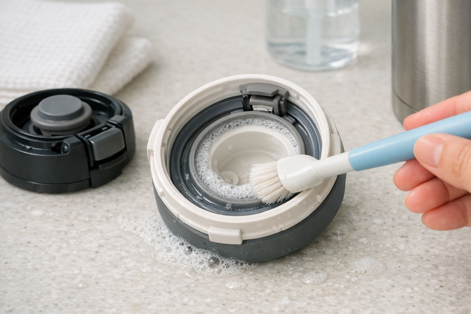 蓋の裏側を柔らかいブラシで清掃している様子