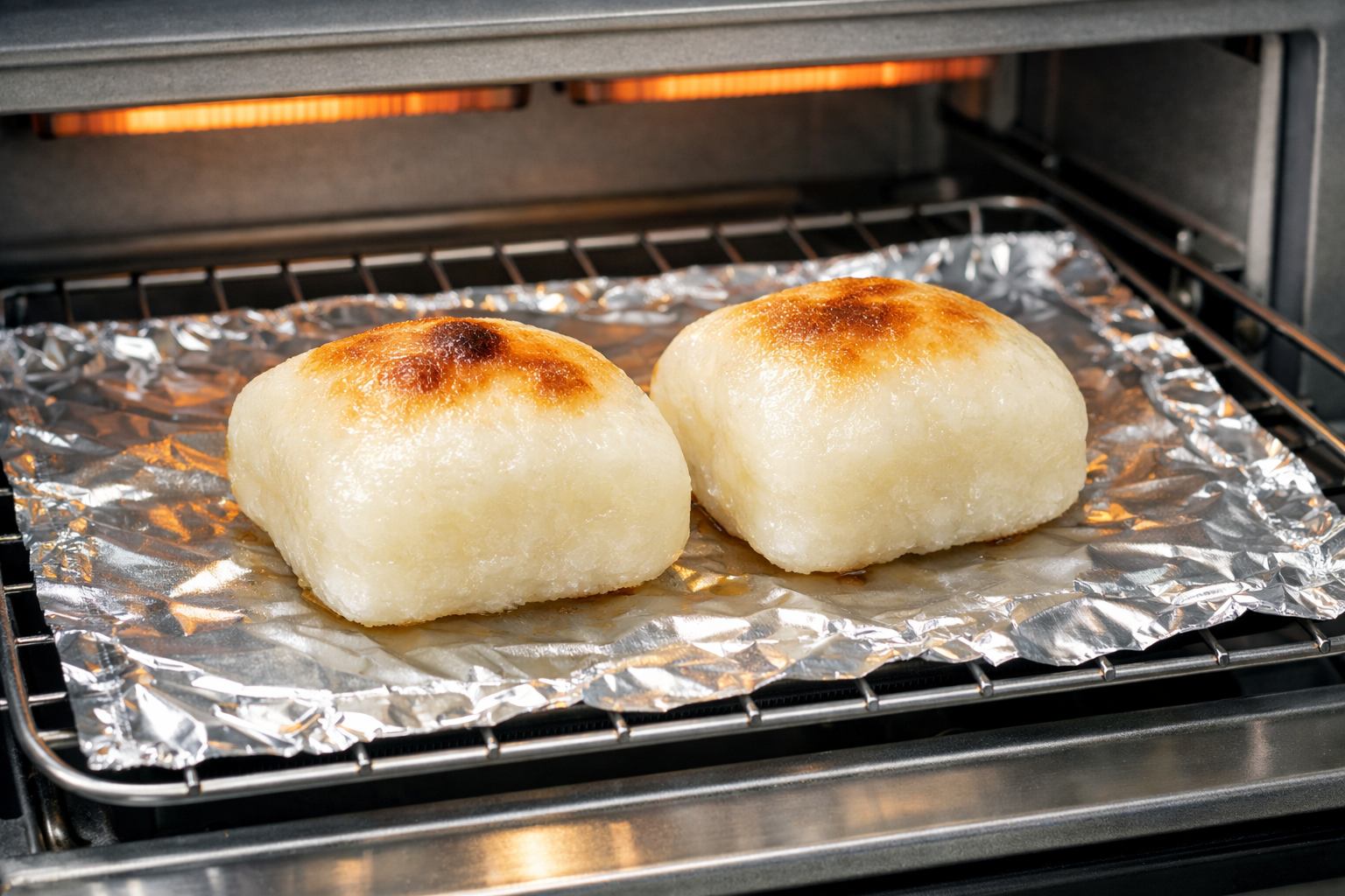 トースターの網の上にシリコーン加工のアルミホイルを敷き、ふっくらと焼き上がった餅