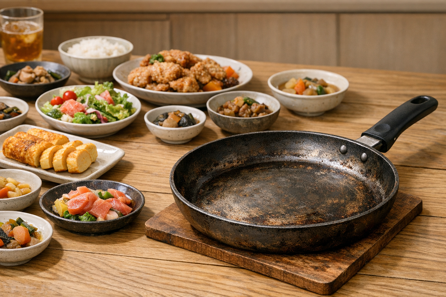 様々な料理が並ぶ食卓と、使い込まれたフライパンのイメージ
