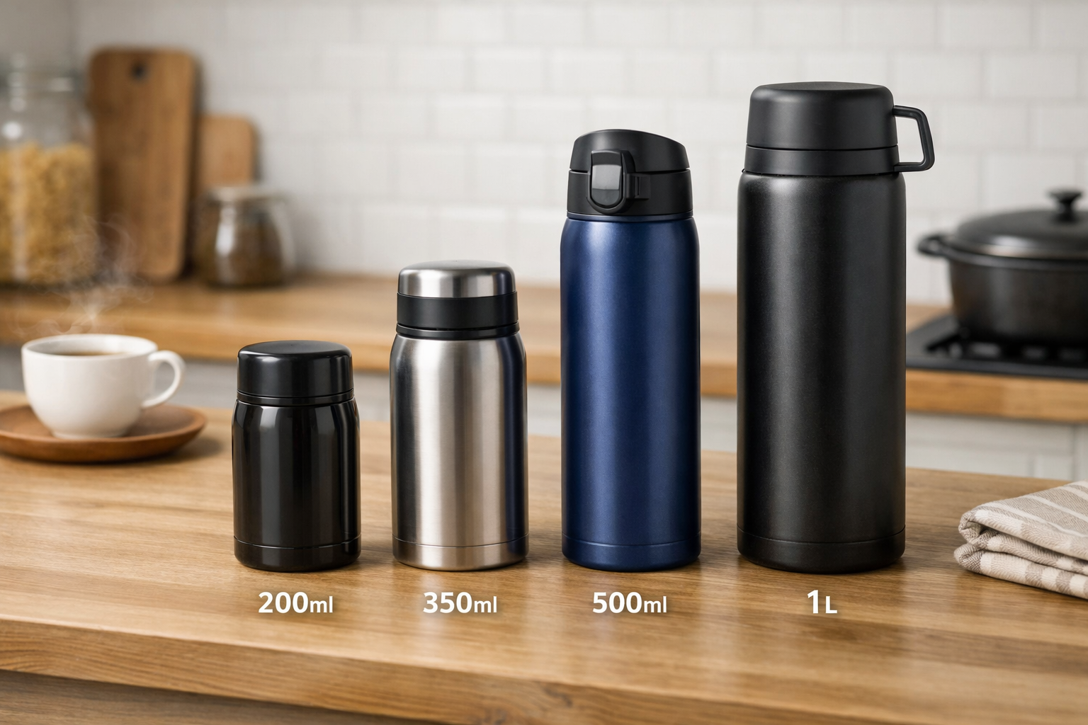 サイズ別に並んだ保温ボトルの比較