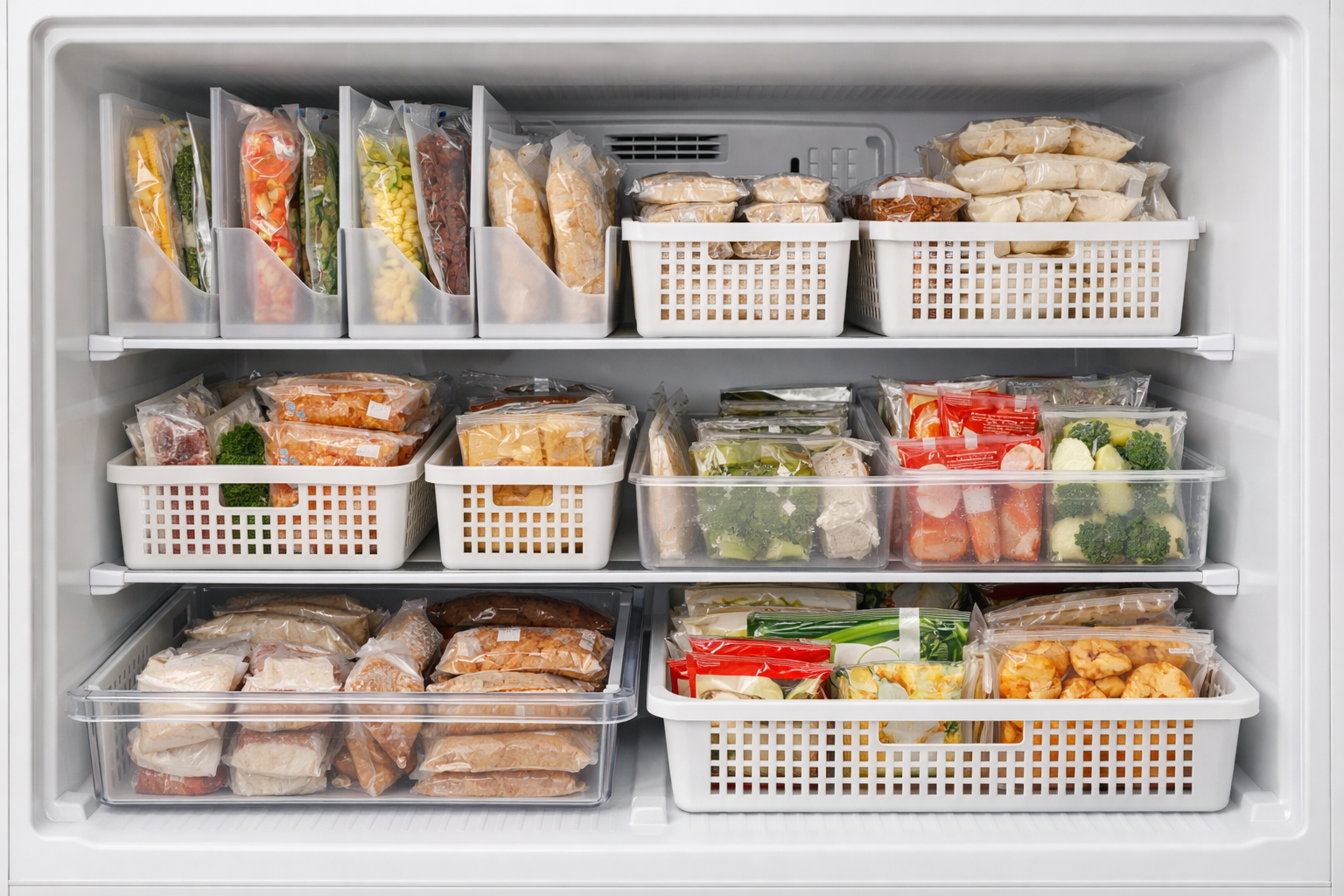 綺麗に整理整頓された冷凍庫の全景。立てる収納、カゴ使い、トレー使いが組み合わさり、使い勝手が良さそうな様子