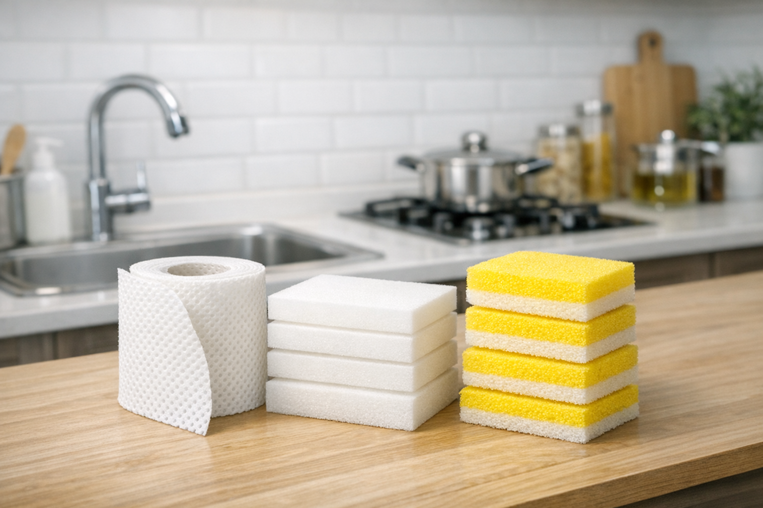 清潔なキッチンと使い捨てスポンジ