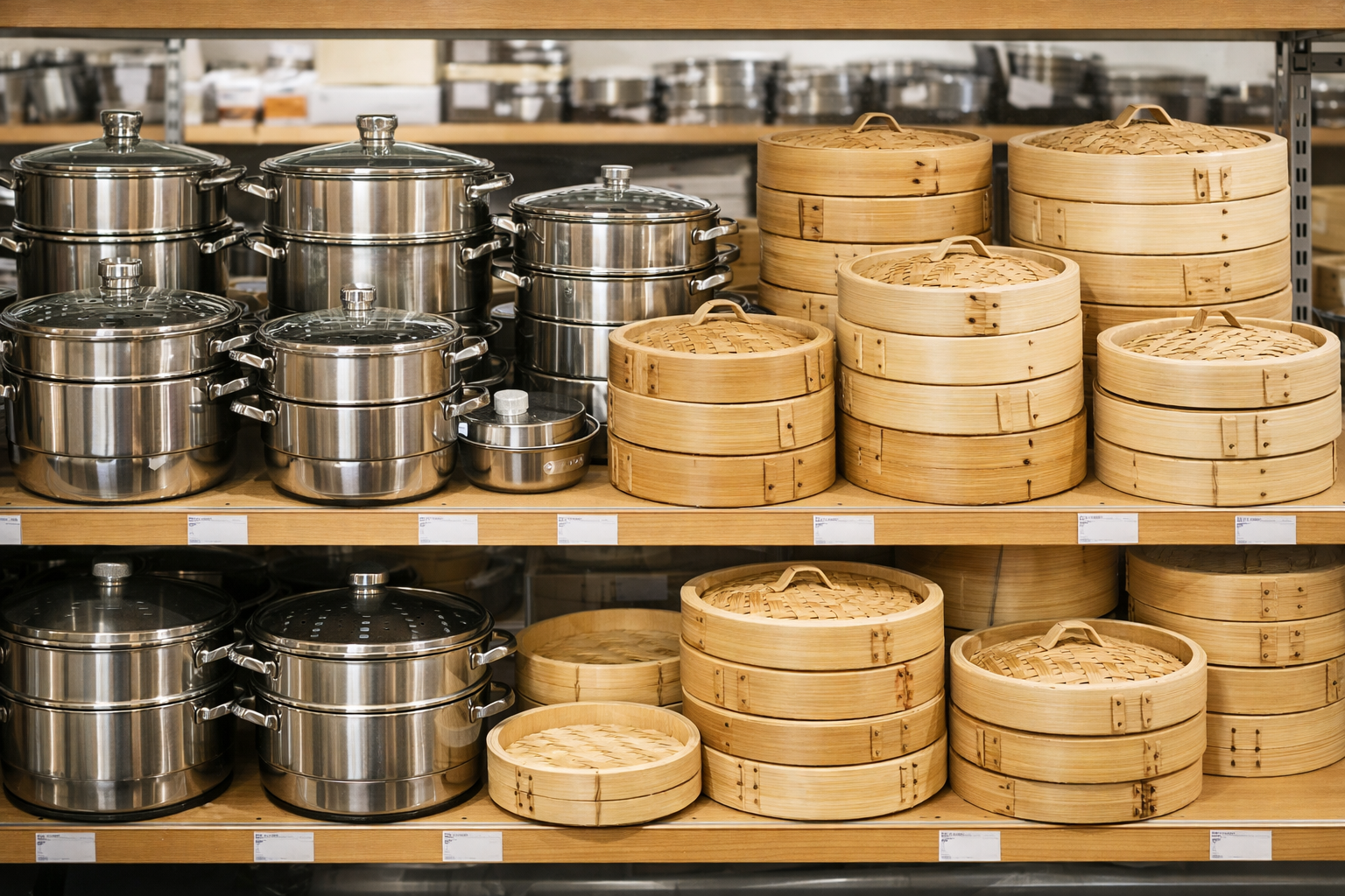 様々なサイズや素材の蒸し器・せいろが店舗の棚に並んでいる様子
