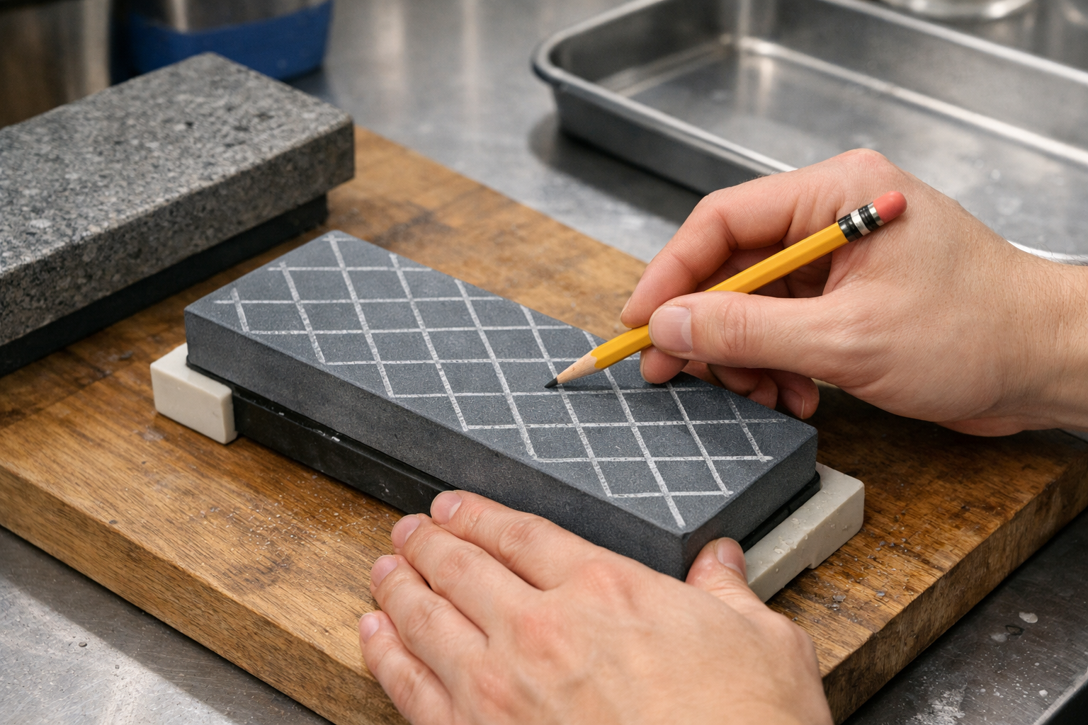 砥石に鉛筆で網目状の線を引き、面直しの準備をしている様子
