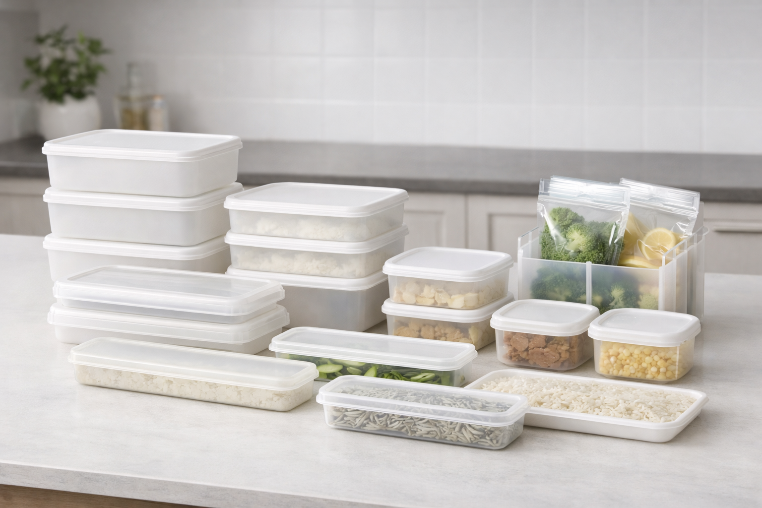セリアの白や半透明で統一された、シンプルで美しいデザインの冷凍庫用タッパーやスリムケース