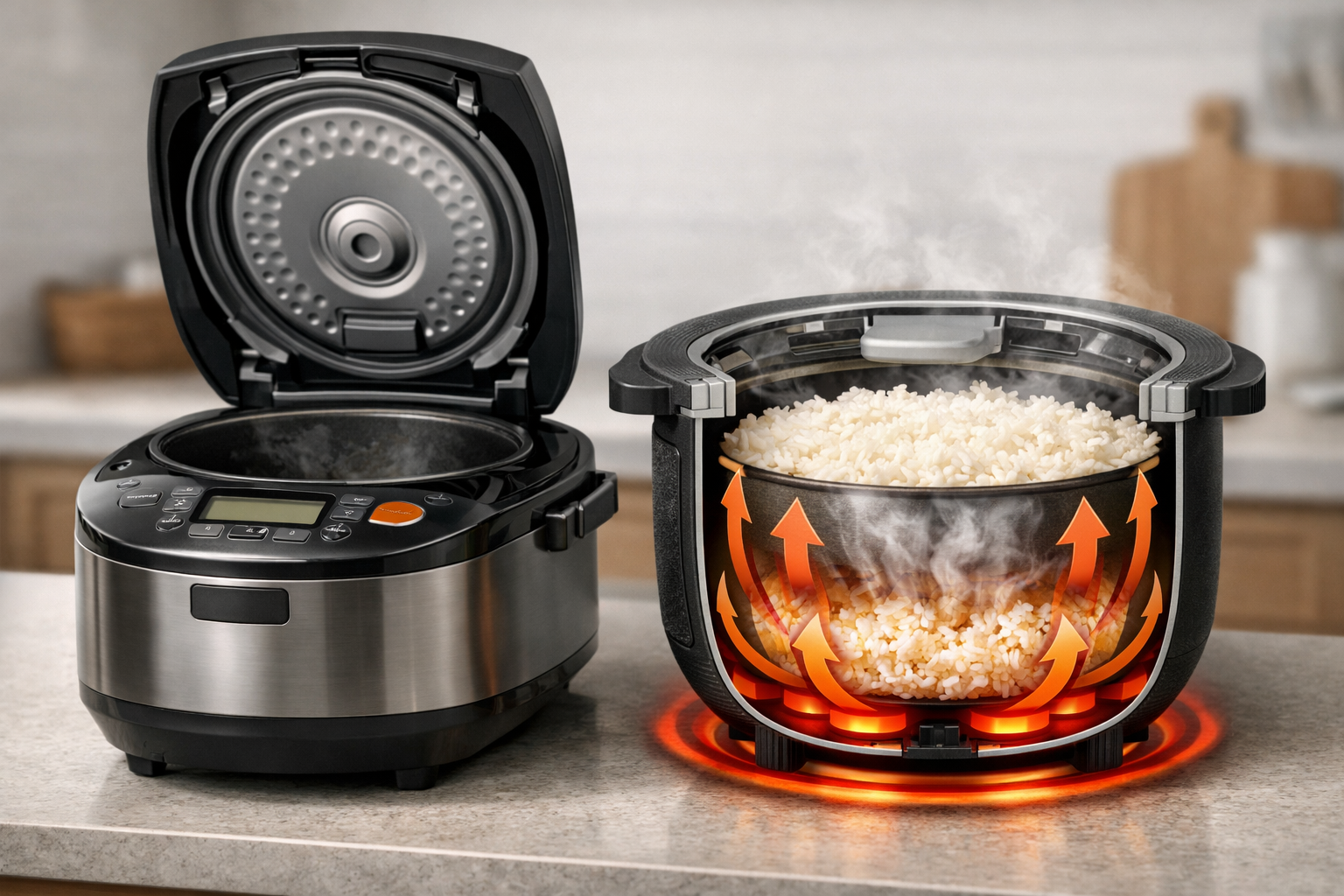 象印など高機能モデルの炊飯器と、内釜の構造を説明する図解