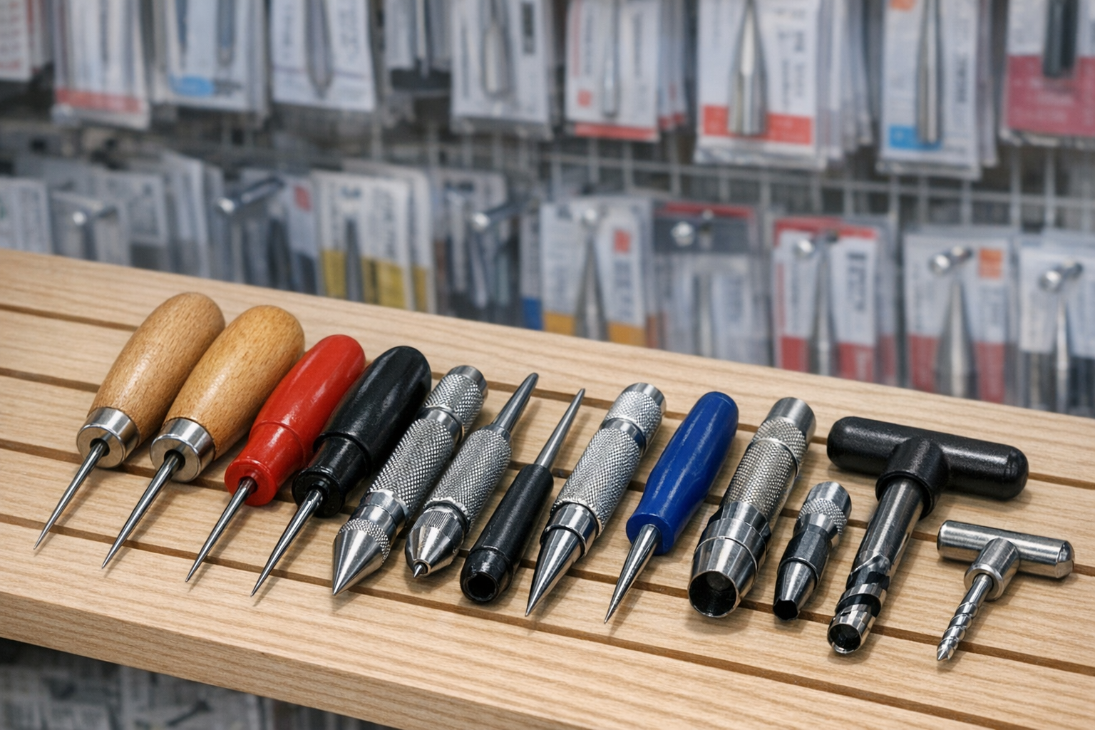 木柄の千枚通しや金属製のキリなど、ダイソーで販売されているさまざまな穴あけ工具が並んでいる様子