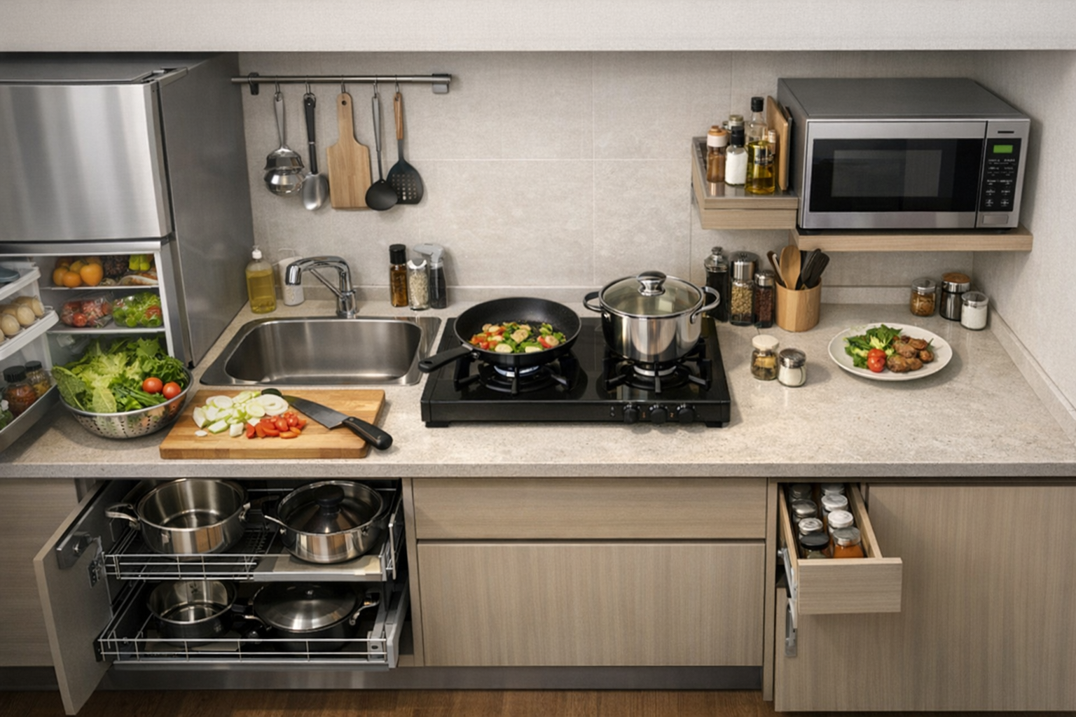 限られたキッチンスペースを有効活用した機能的なレイアウト図