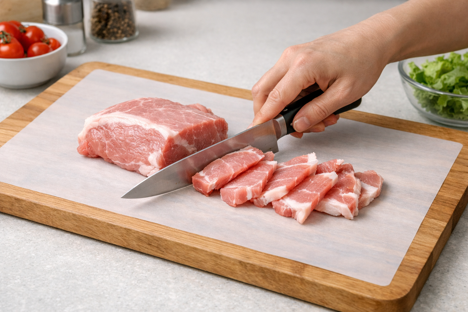 木製まな板の上に敷かれたダイソーのまな板シートで肉を切っている調理風景