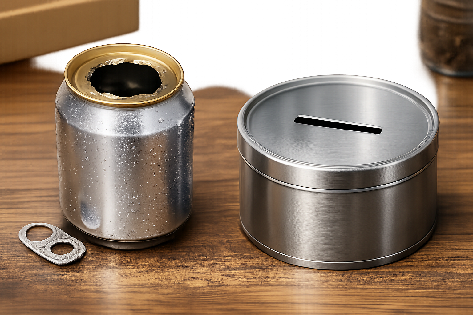 プルタブが取れたビール缶や、金属製の貯金箱など、食品以外の缶製品