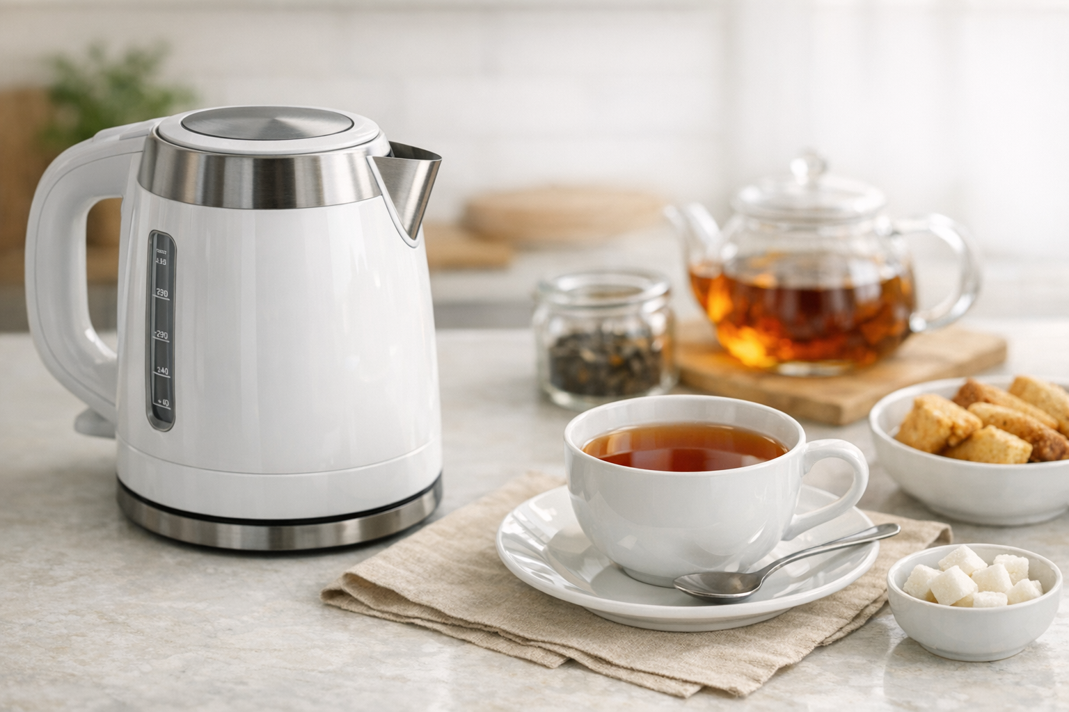 清潔な電気ケトルとお茶が注がれたカップの配置、日常のホッとするティータイムの様子
