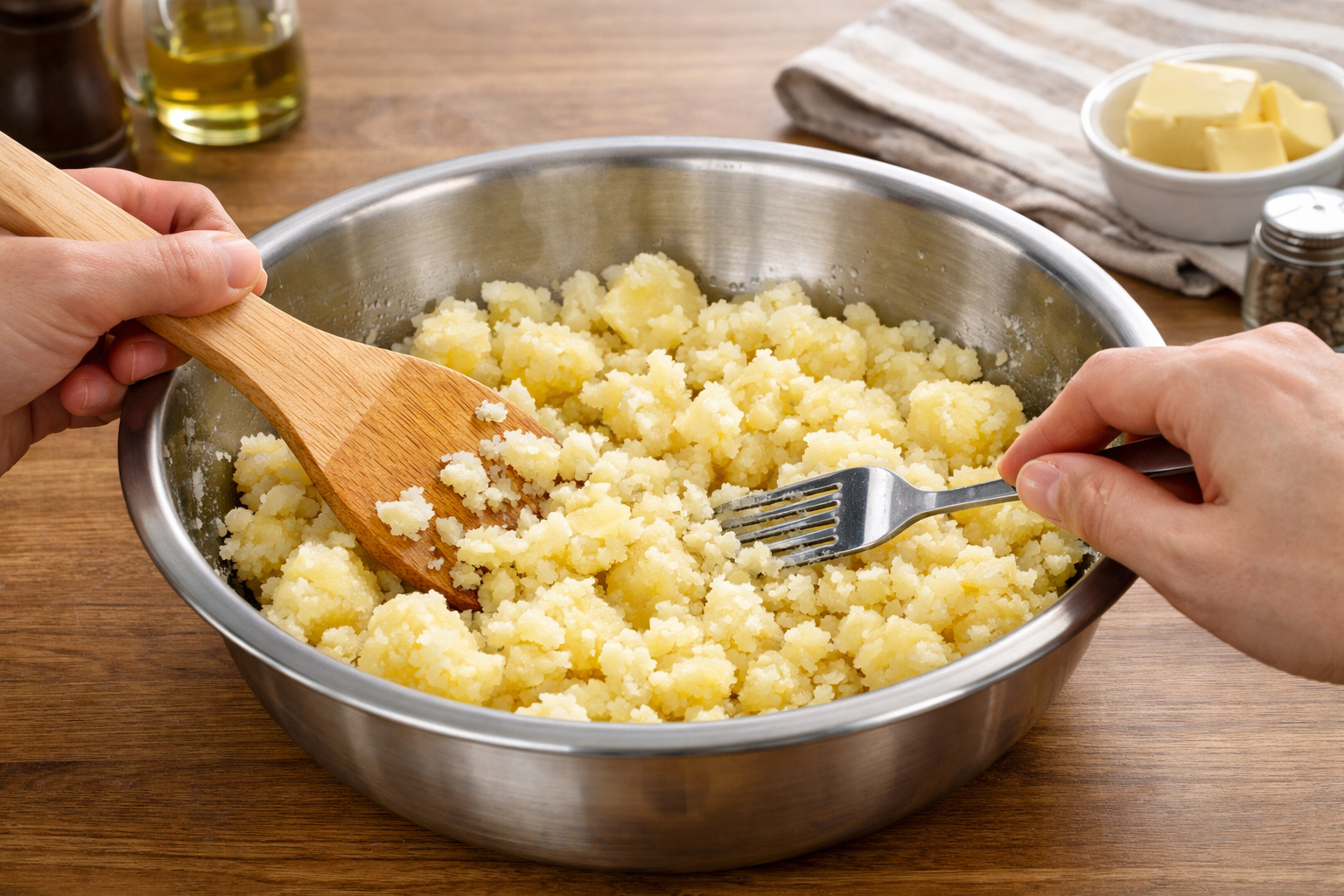 ボウルに入った茹でたじゃがいもを、木べらやフォークを使って丁寧に潰している調理風景