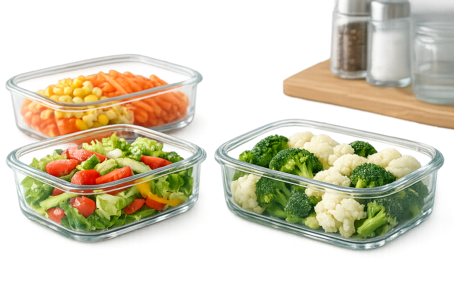 透明度の高い耐熱ガラス容器に野菜が入っており、清潔感が強調されているイメージ