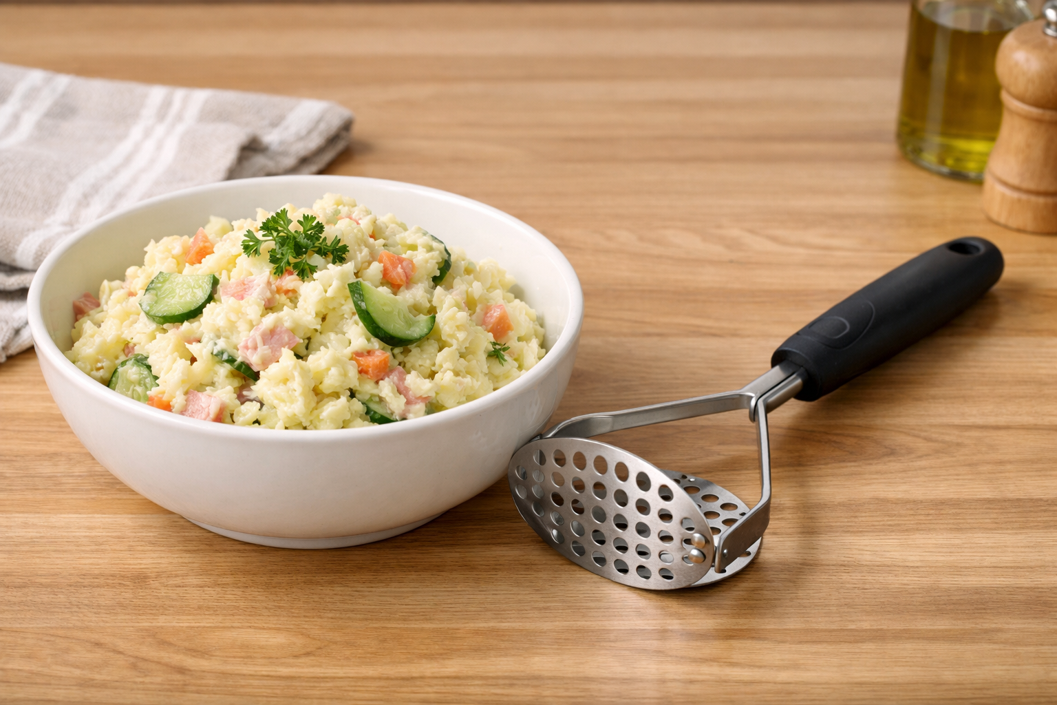 きれいに仕上がったポテトサラダと使い勝手の良いマッシャー