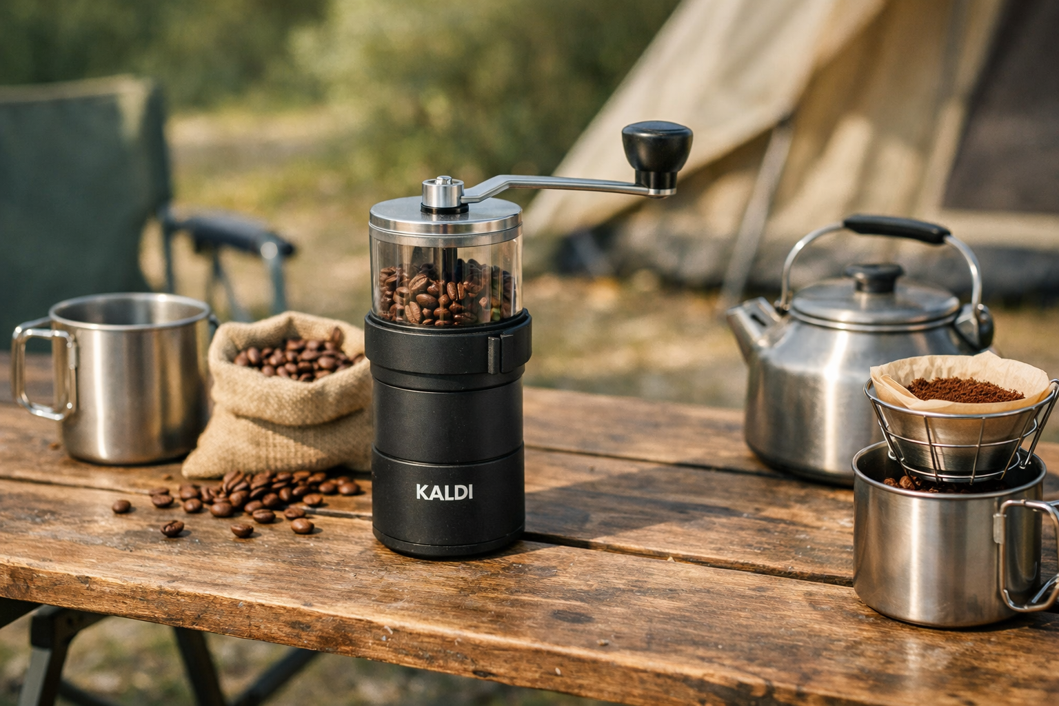 アウトドアのテーブルに置かれたカルディのコーヒーミル