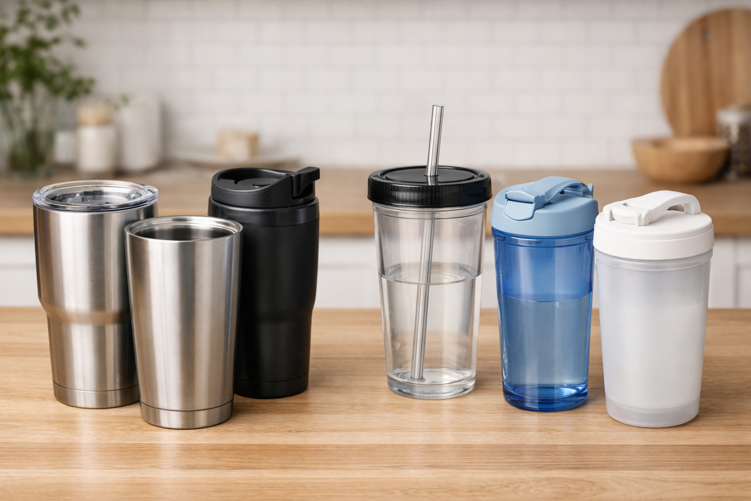 様々な種類のタンブラー:ステンレス製、プラスチック製、蓋の形状が異なるモデルの比較