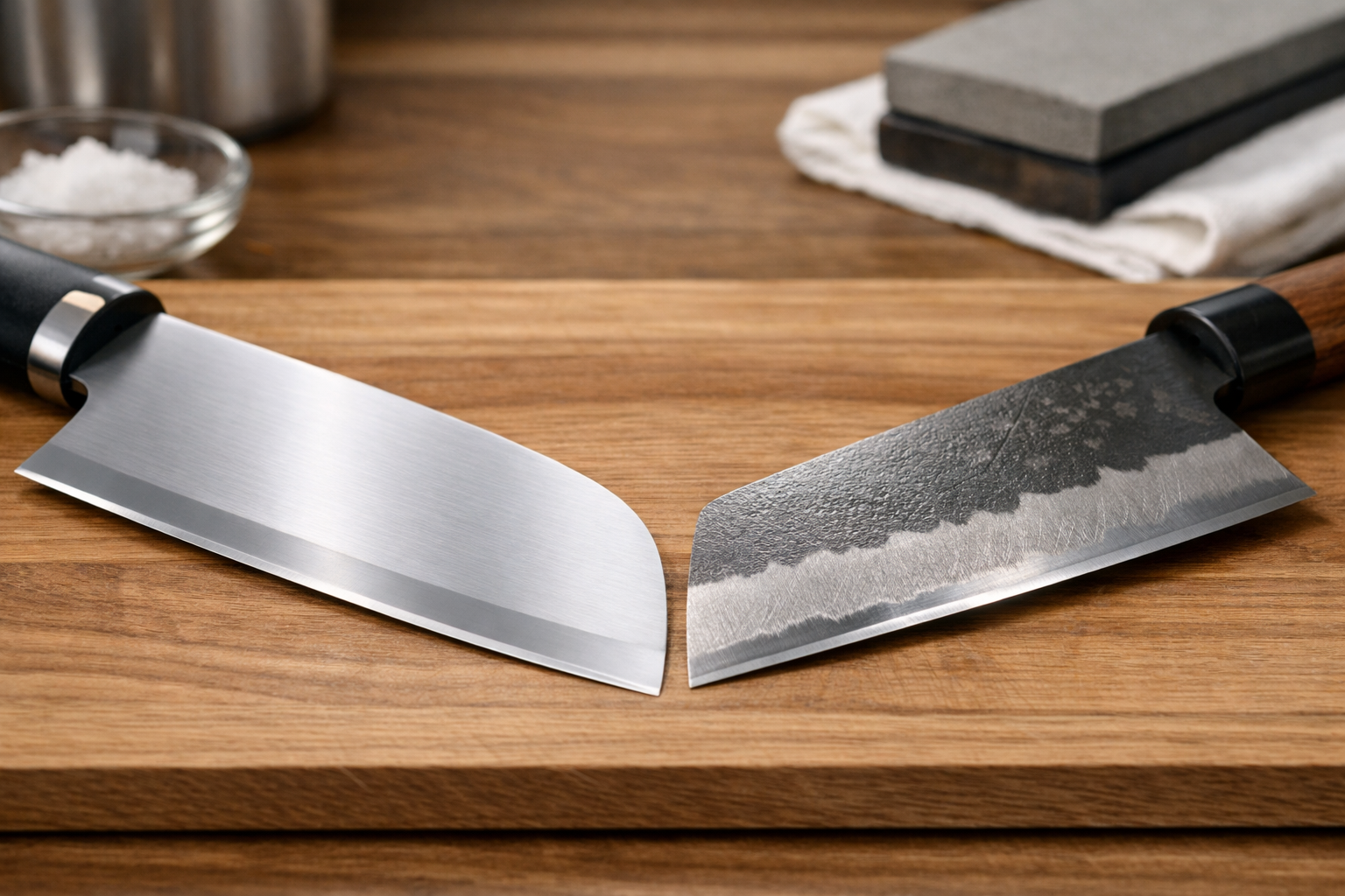 錆びに強いステンレス包丁と、切れ味の鋭い鋼の和包丁の刃の表面の違い