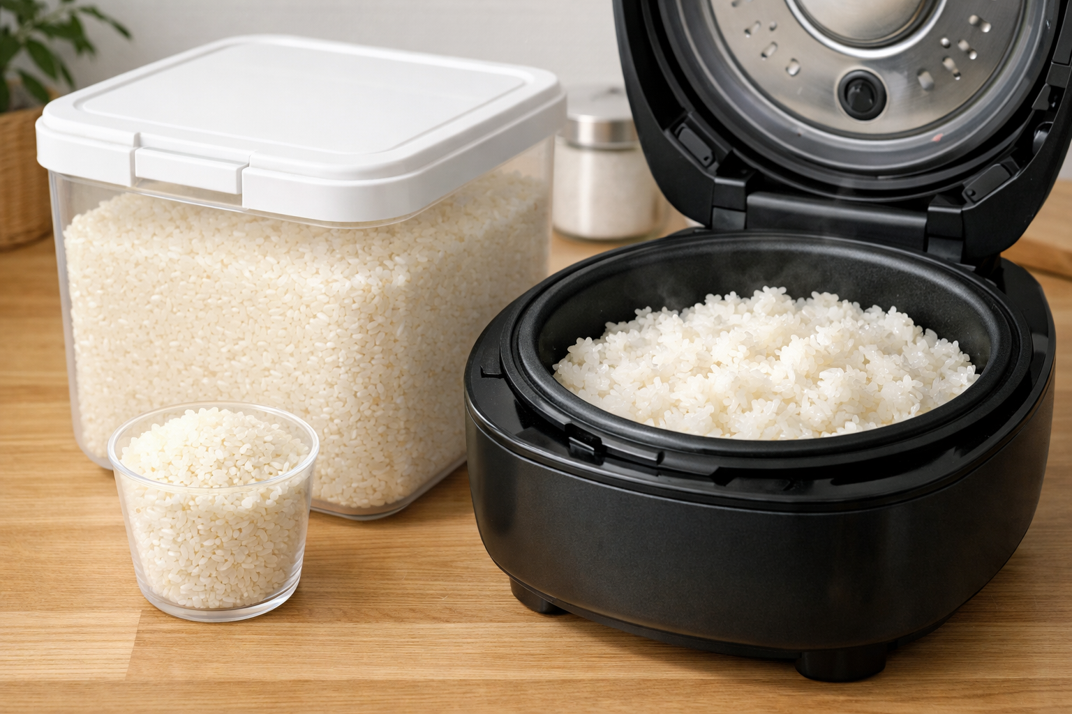 きれいに手入れされた米保存容器から計量されたお米が、炊飯器でふっくらと美味しく炊き上がった様子