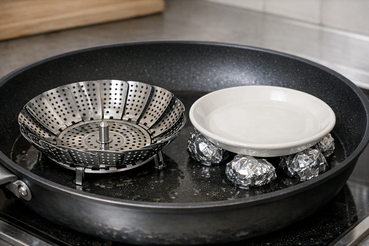 フライパンの中にステンレス製の折りたたみ蒸し器や、丸めたアルミホイルと耐熱皿で作った簡易的な台が設置されている様子