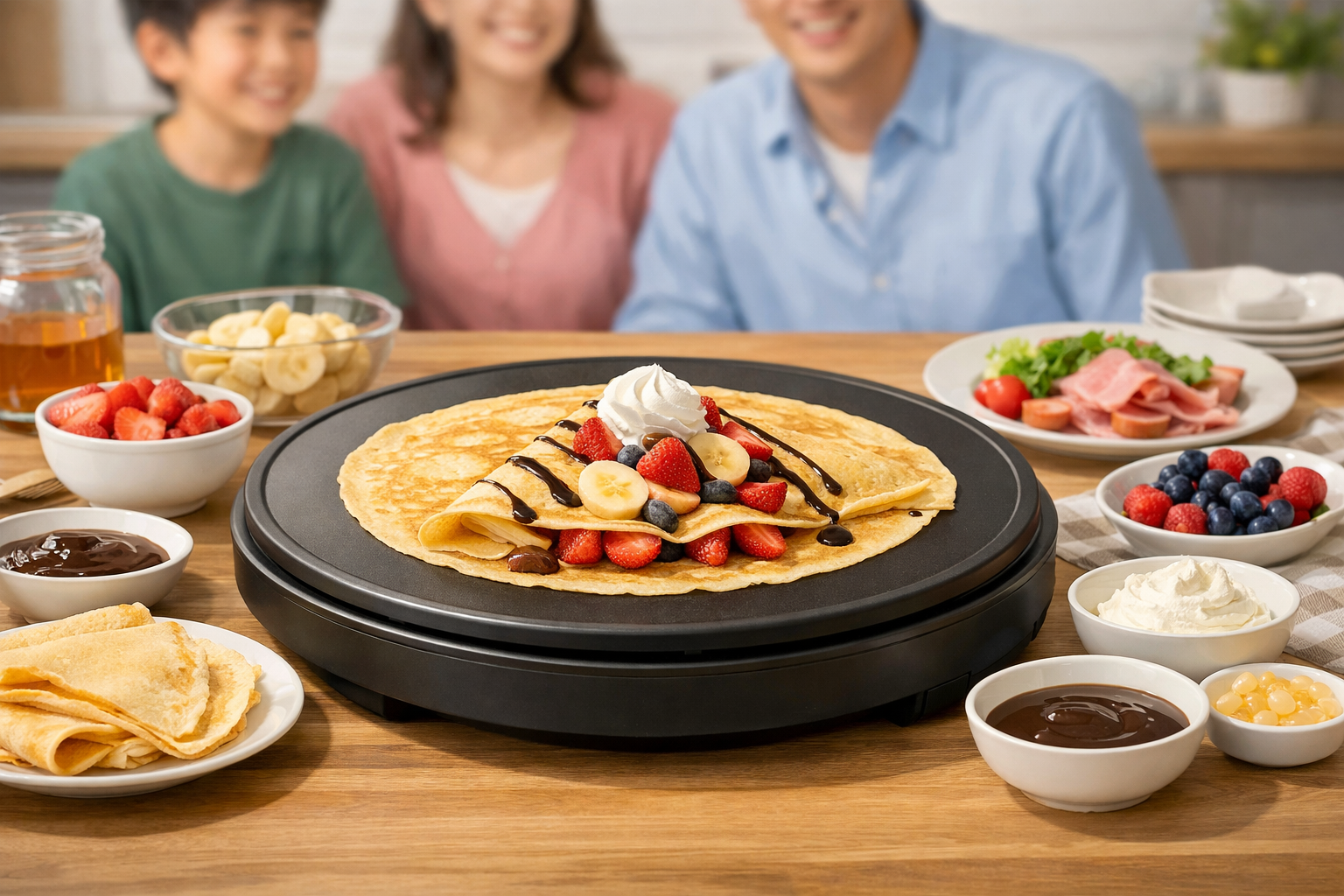 焼き上がったクレープを囲む家族の笑顔
