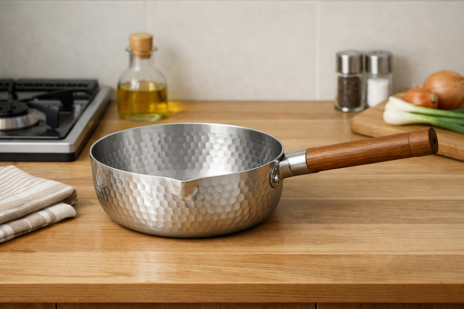 木柄が特徴的な打ち出し模様のアルミ製雪平鍋がキッチンに置かれている様子