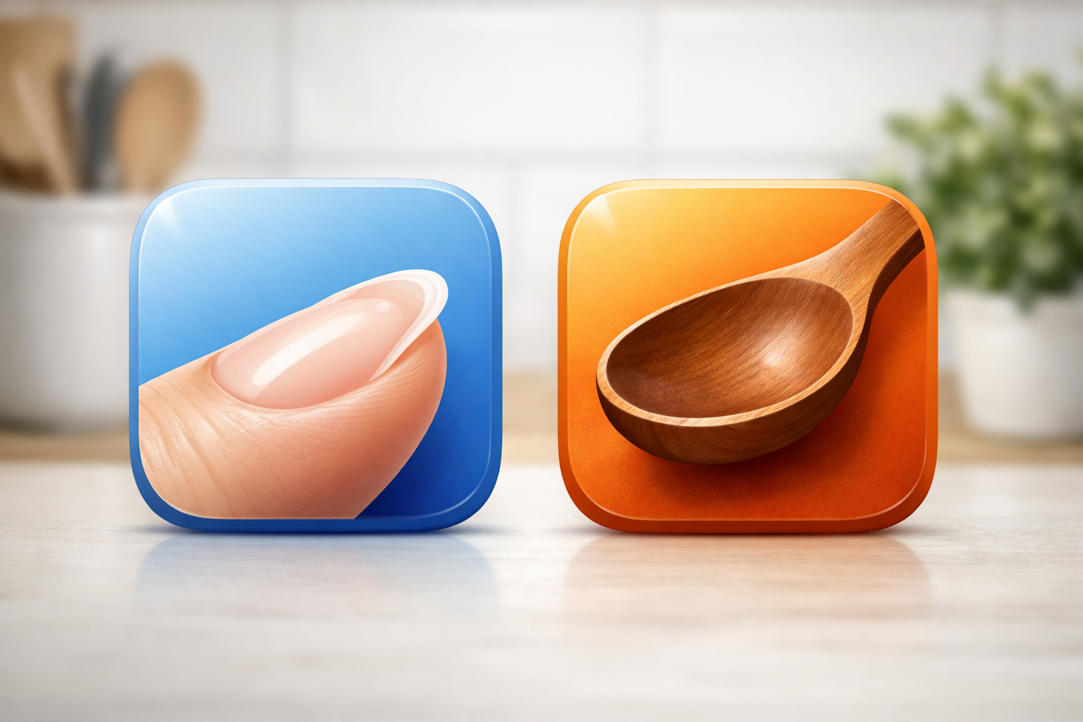 スプーンの形を連想させる反り返った爪のイラストや、スマートフォンアプリのアイコンをイメージした構成