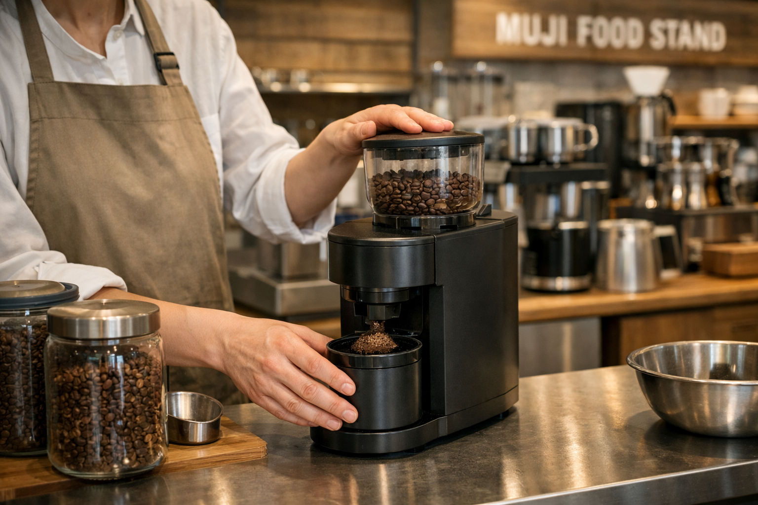 店舗のMUJI FOOD STANDでコーヒー豆を挽いている様子