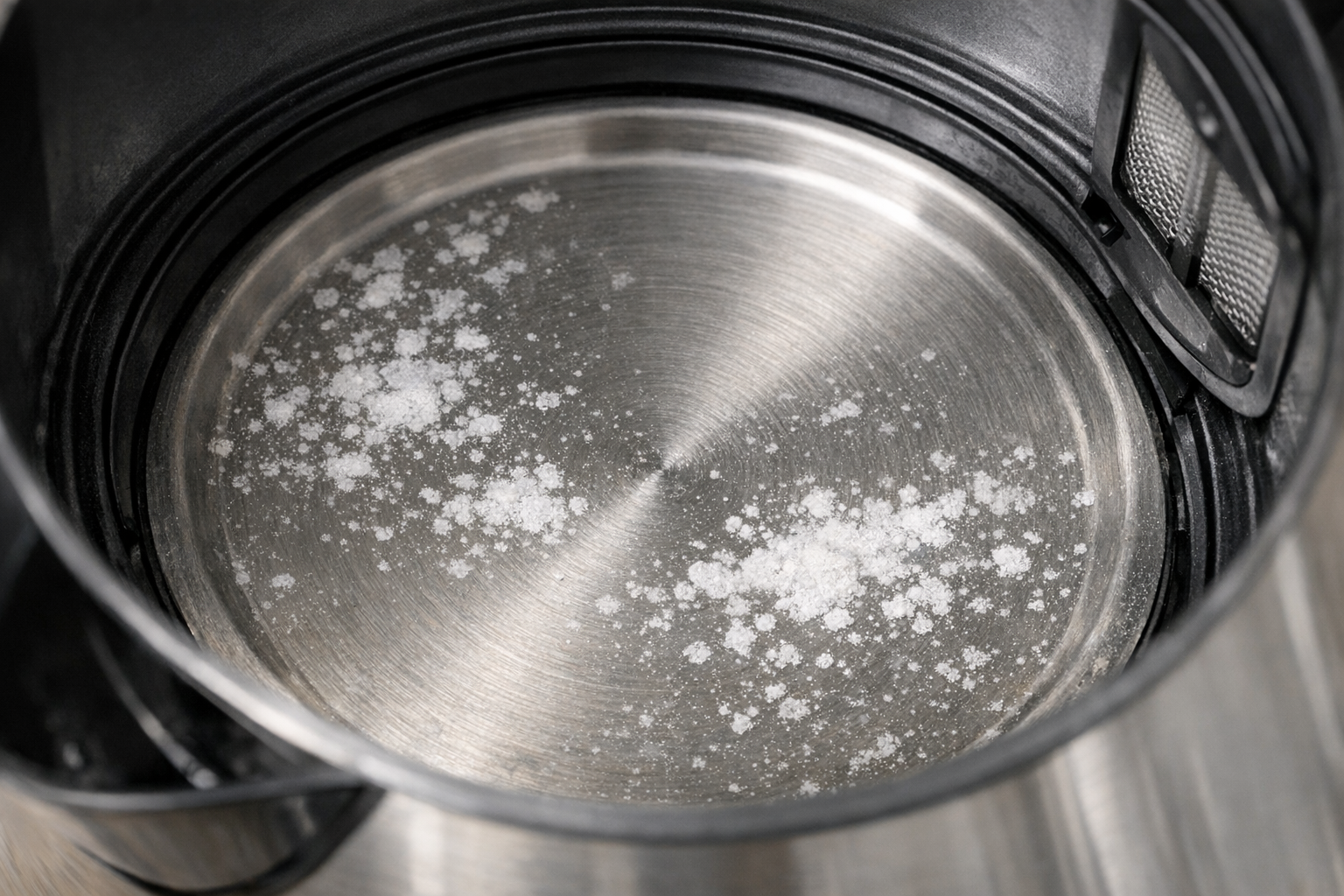 電気ケトルの内部底面にうっすらと付着した白い水垢（ミネラル成分）のクローズアップ