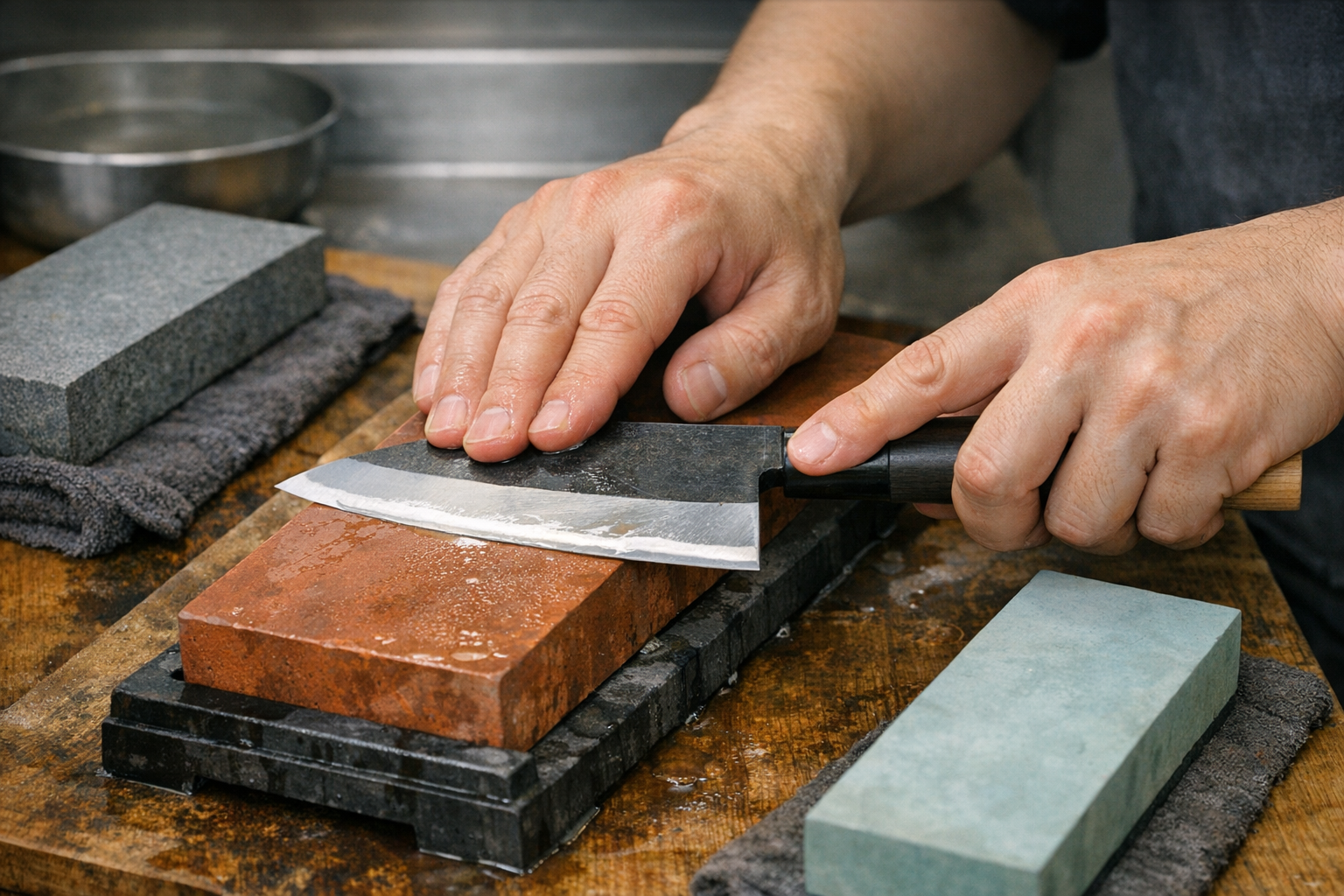 出刃包丁を砥石で研いでいる職人の手元の様子