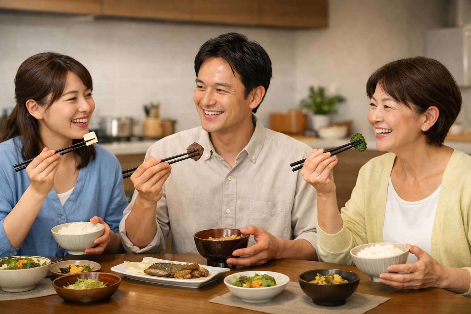 箸を正しく使い、笑顔で食事を楽しむ人々