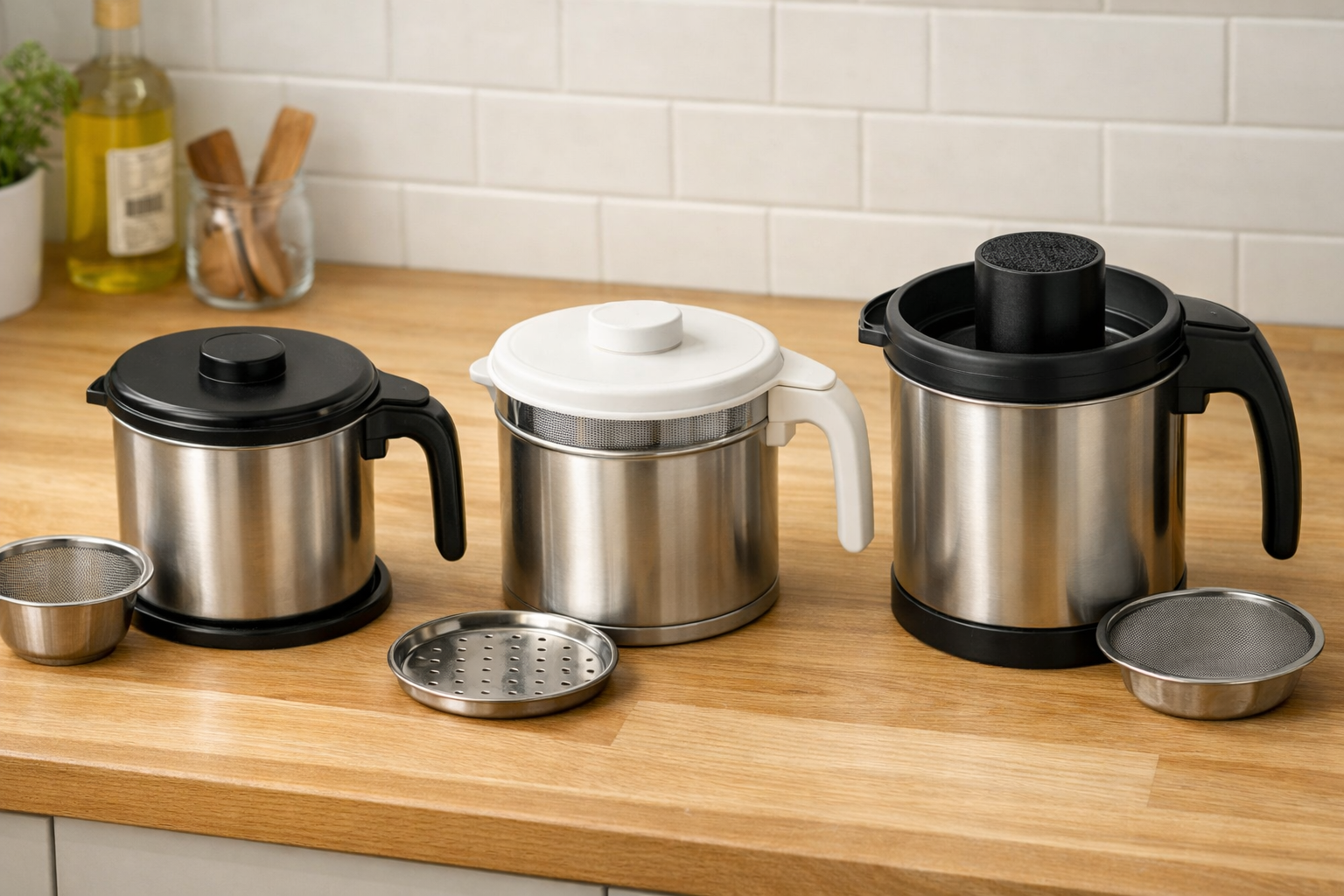 ダイソー、ニトリなどのオイルポットを並べ、それぞれの価格帯や特徴を比較する表のイメージ。