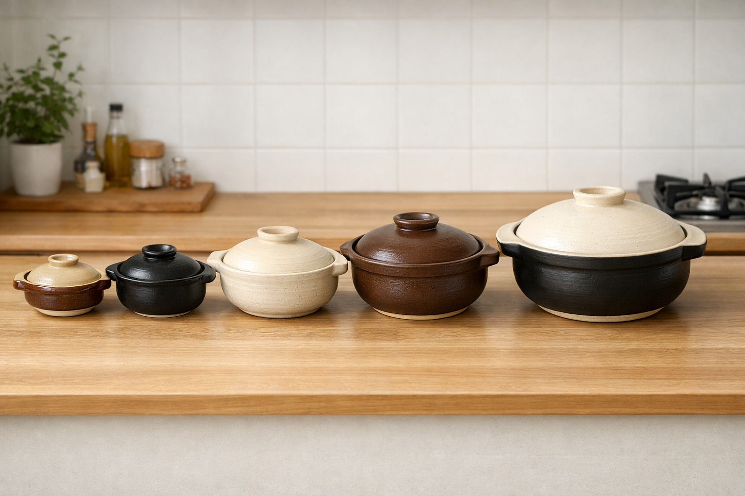1人用からファミリー用まで、大きさが異なる土鍋が順番に並べられている比較図