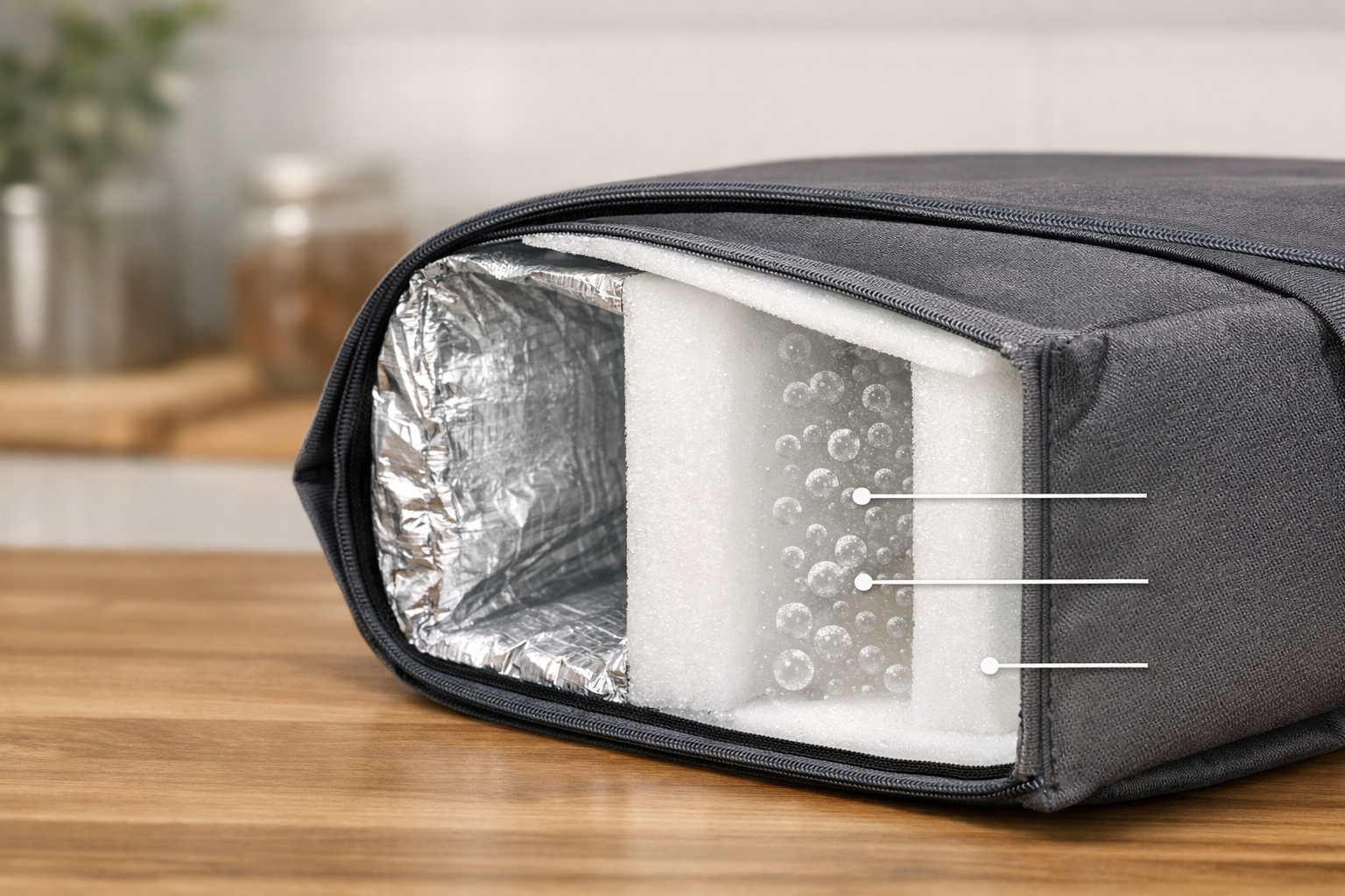 保冷バッグの断面図：アルミフィルムと発泡ポリエチレンの層を示した図解