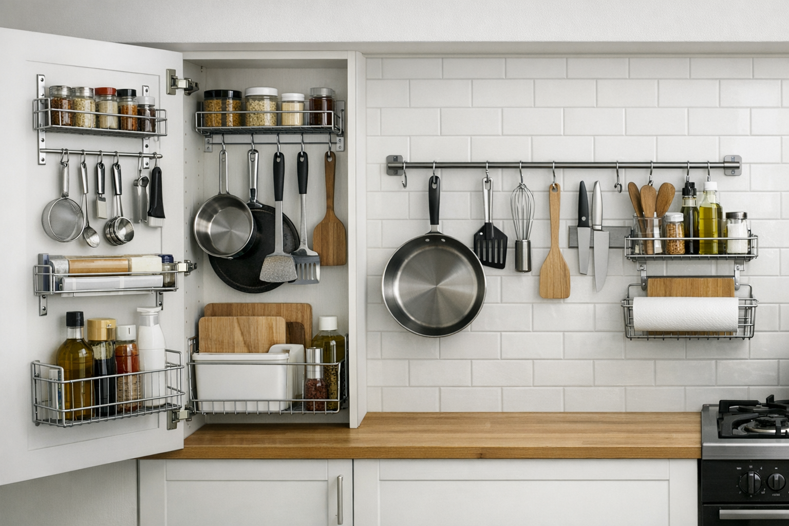 扉の裏や壁面を有効活用したキッチンツールの収納レイアウト
