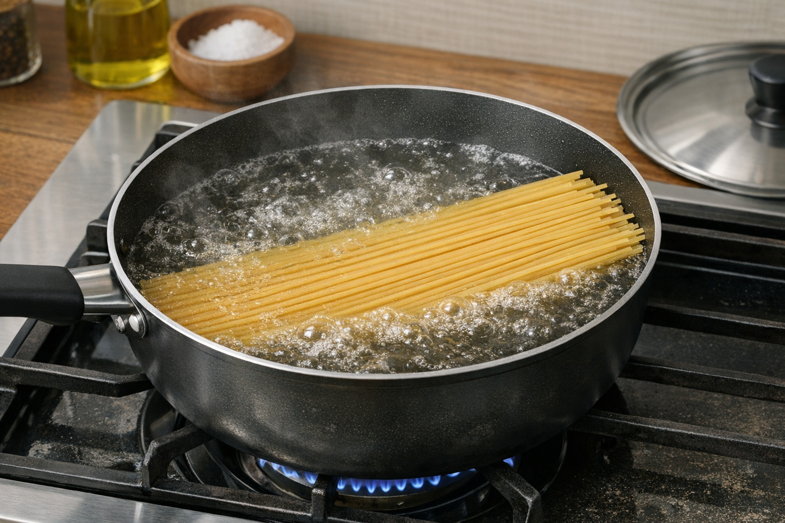 26cmの深型フライパンに、折られていない長いパスタがちょうど収まって茹でられている様子